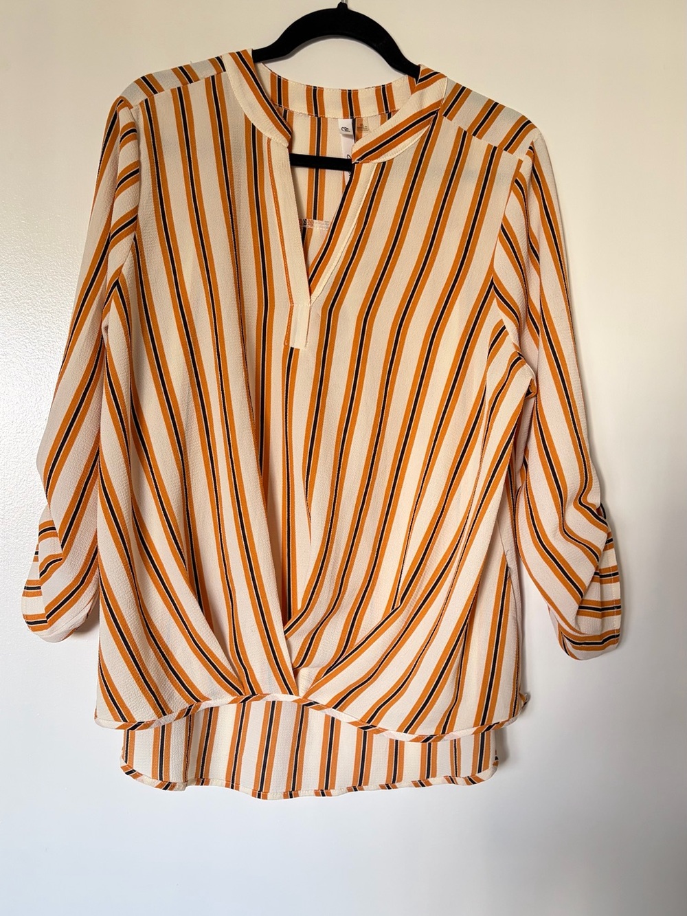 Collection B Cream and Mustard Striped V-Neck Twist-Hem Blouse